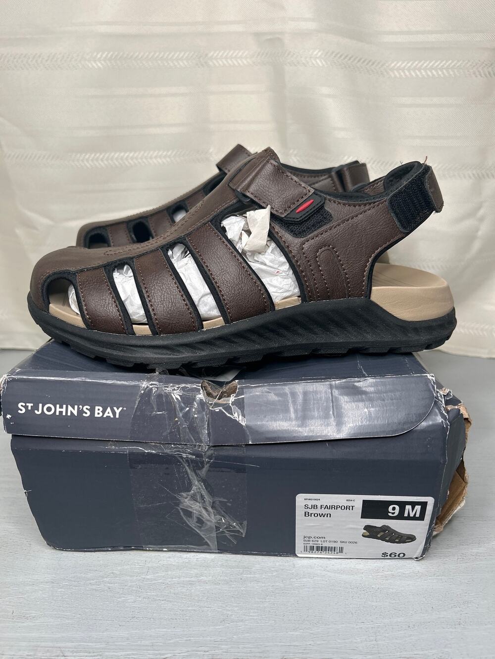 St Johns Bay Fairport Mens 9 M Brown Faux Leather Fisherman Sandals